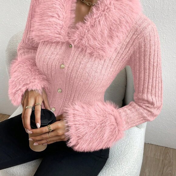 Pink Women's Casual Minimalist Patchwork Faux Fur & Pearl Button Cardigan - Picture 4 of 8